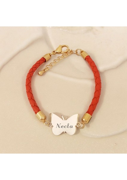Necla Adı Kelebek Plaka 14 Ayar Plakalı Deri BILEKLIK-Q.426394W.426524E.426654R.426784T.426914