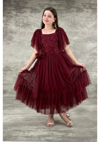 Bordo Pulpayetli Tüllü Garsonboy Kız Çocuk Abiye 10/14 Yaş Arası ABY154