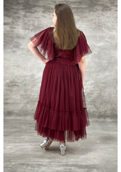 Bordo Pulpayetli Tüllü Garsonboy Kız Çocuk Abiye 10/14 Yaş Arası ABY154 fiyatları