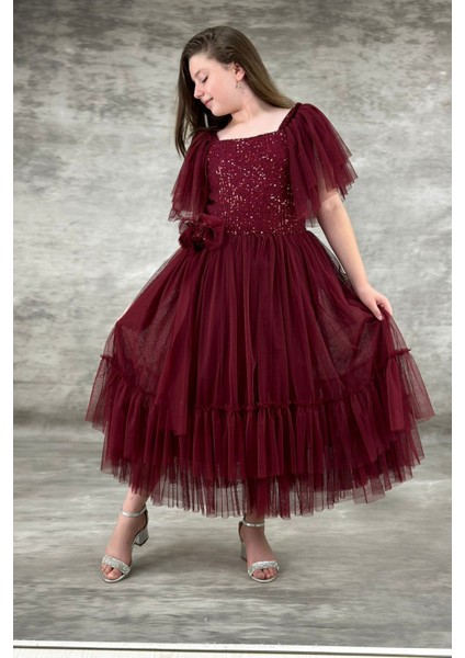 Bordo Pulpayetli Tüllü Garsonboy Kız Çocuk Abiye 10/14 Yaş Arası ABY154 modelleri