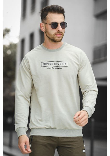 Never Give Up Baskılı Slim Fit Likralı Sıfır Yaka Erkek Sweatshirt