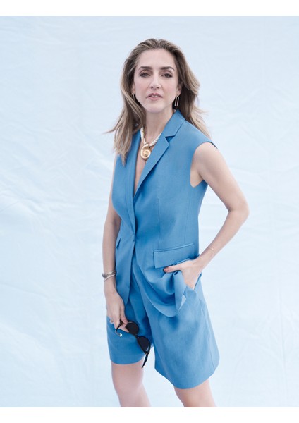 x Melis Ağazat - Blazer Yelek Kruvaze Ters Yaka Düğmeli Astarlı Tensel Kumaş