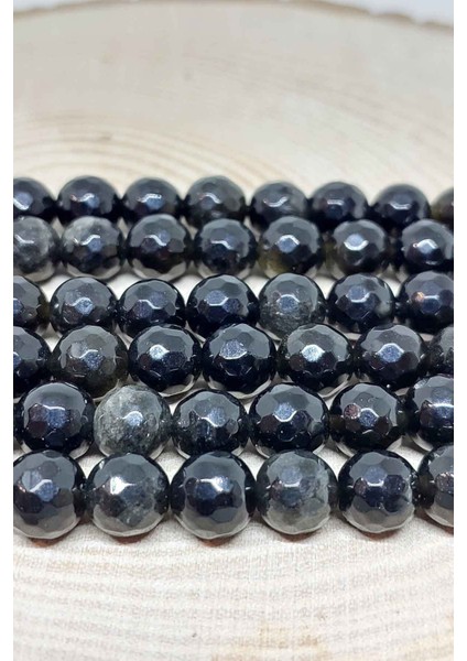 Çeyrek Dizi (9cm Uzunluğundadır!) Golden & Siyah Obsidyen Taşı Faset Kesim Çeyrek Dizi 8mm