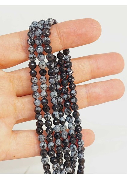 Bileklik Boy Kar Tanesi Obsidyen Taşı Yarım Dizi Faset Kesim 4-4.5mm Aralığı (18CM Uzunluğundadır)