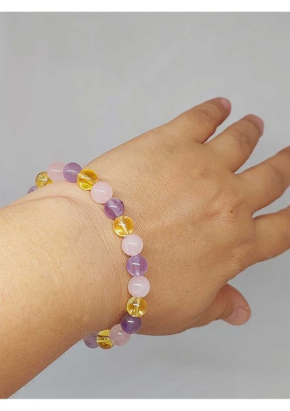 Ametist & Pembe Kuvars & Sitrin Tasarım Bileklik 8mm (52398)