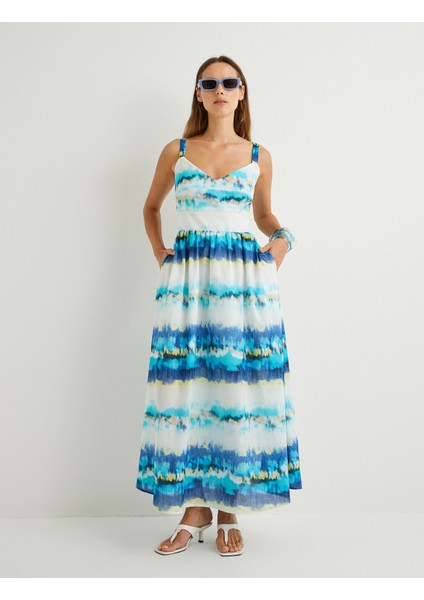 x Şahika Ercümen - Midi Askılı Kloş Elbise Astarlı Arkası Pencere Detaylı modelleri