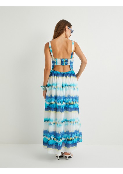 x Şahika Ercümen - Midi Askılı Kloş Elbise Astarlı Arkası Pencere Detaylı fırsatları