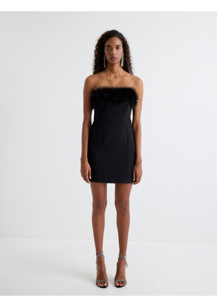 Tüylü Straplez Mini Elbise Vücuda Oturan Kalıp modelleri