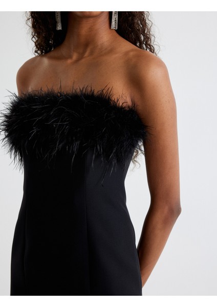 Tüylü Straplez Mini Elbise Vücuda Oturan Kalıp indirimleri