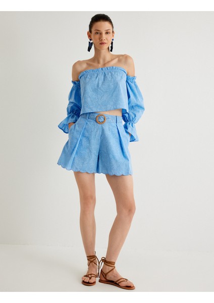 x Melis Ağazat - Fırfırlı Crop Omzu Açık Üst Çiçekli Uzun Kollu fiyatları