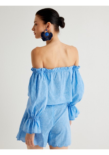 x Melis Ağazat - Fırfırlı Crop Omzu Açık Üst Çiçekli Uzun Kollu fırsatları