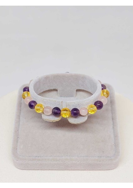 Çocuk Tasarım Bileklik - Ametist & Pembe Kuvars & Sitrin 6mm (52402)