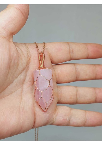 Pembe Kuvars Bakır Malzemeli El Örgüsü Özel Pandül Sarkaç (Kolye Ucu) (51336)