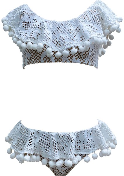Tığ Işi Dantel Işlemeli Ponpon Detaylı Fırfırlı 50UV Kız Çocuk Bikini Takımı by Nessi Byrd