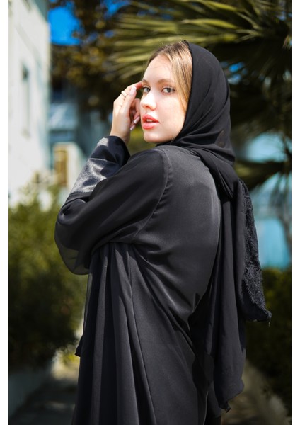 Harika Wear Saten Kollu Siyah Abaya