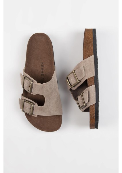 Jose Erkek Deri Çift Tokalı Vizon Terlik