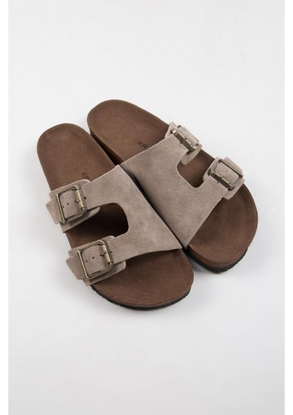 Jose Erkek Deri Çift Tokalı Vizon Terlik modelleri