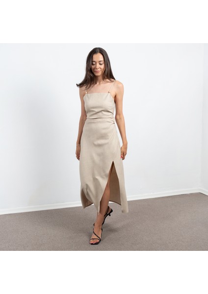 Taş Sırt Dekolteli Yırtmaçlı Elbise