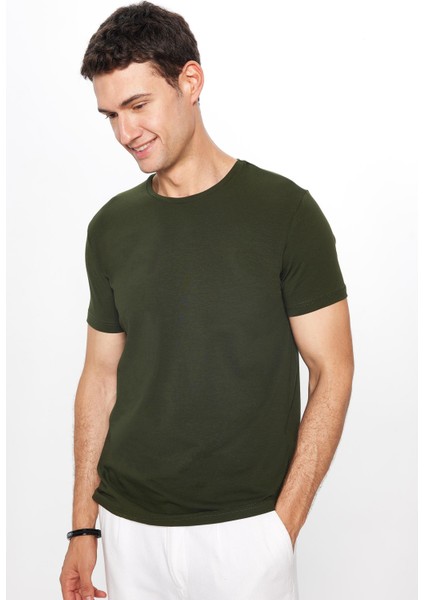 Erkek Slim Fit Dar Kesim Pamuklu Yumuşak Dokulu Esnek Kumaş Düz Basic Haki Bisiklet Yaka Tişört