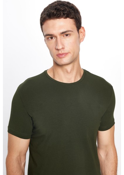 Erkek Slim Fit Dar Kesim Pamuklu Yumuşak Dokulu Esnek Kumaş Düz Basic Haki Bisiklet Yaka Tişört fiyatları