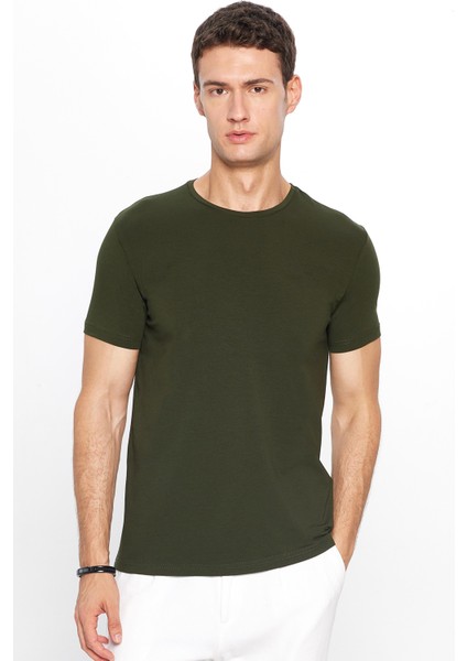 Erkek Slim Fit Dar Kesim Pamuklu Yumuşak Dokulu Esnek Kumaş Düz Basic Haki Bisiklet Yaka Tişört modelleri