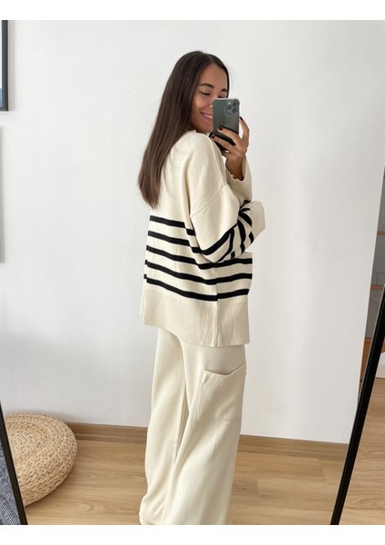 Ekru Çizgili Oversize Hırka Standart