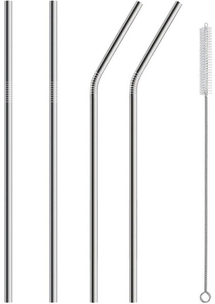 4 Parça Metal Pipet - Paslanmaz Çevre Dostu Metal Pipet Fırça Seti