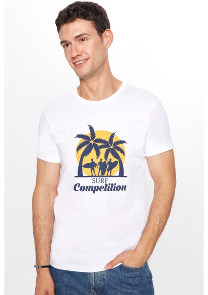 Erkek Slim Fit Dar Kesim Pamuk Yumuşak Dokulu Baskılı Beyaz Bisiklet Yaka Tişört fiyatları
