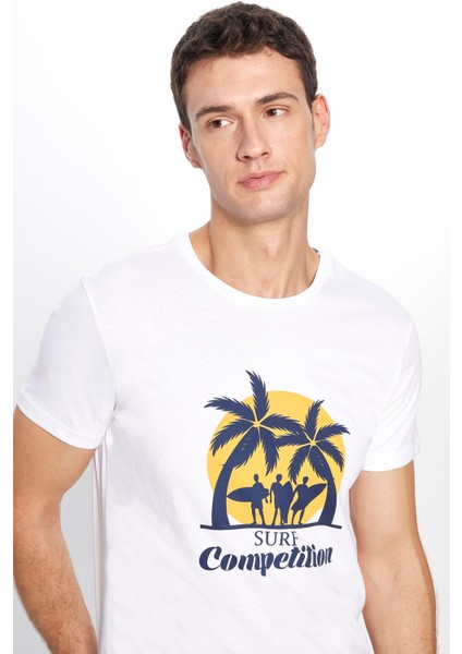 Erkek Slim Fit Dar Kesim Pamuk Yumuşak Dokulu Baskılı Beyaz Bisiklet Yaka Tişört modelleri