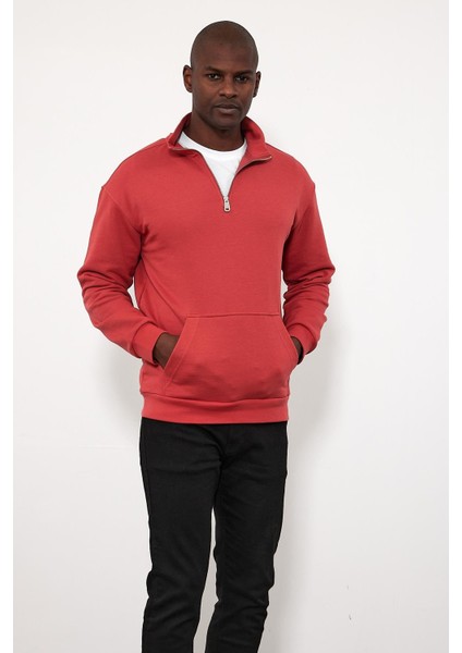 Erkek Bruce Gül Kurusu Dik Yaka Yarım Fermuarlı Pamuklu Sweatshirt