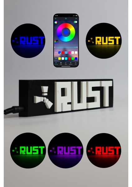 Rust - Rgb LED Işıklı 3 Boyutlu Tabela - 20CM x 5cm x 2cm (Bluetooth Kontrollü)