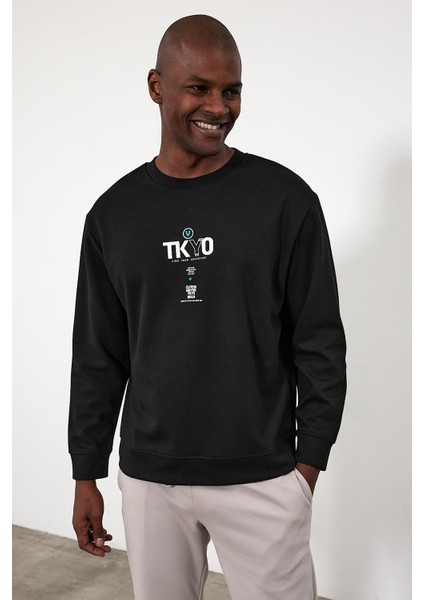 Erkek Tokyo Siyah Baskılı Bisiklet Yaka Sweatshirt