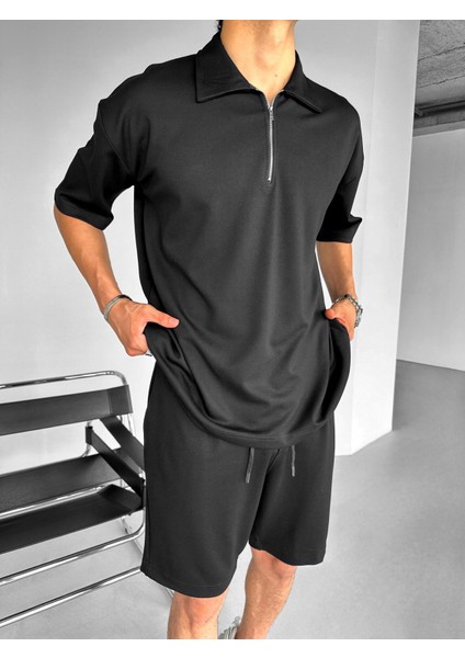Oversize Polo Yaka Fermuarlı T-Shirt Siyah