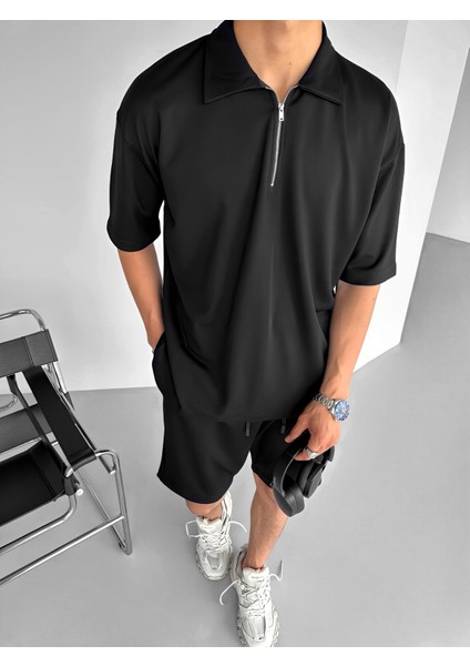 Oversize Polo Yaka Fermuarlı T-Shirt Siyah fiyatları