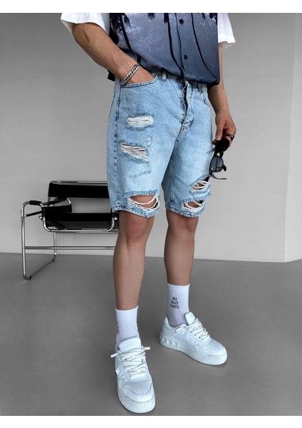 Baggy Distressed Jean Şort Açık Mavi