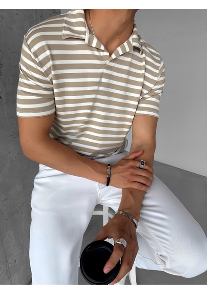 Polo Yaka Çizgili Rahat T-Shirt Bej