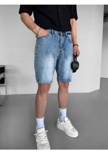 Baggy Basic Jean Şort Mavi