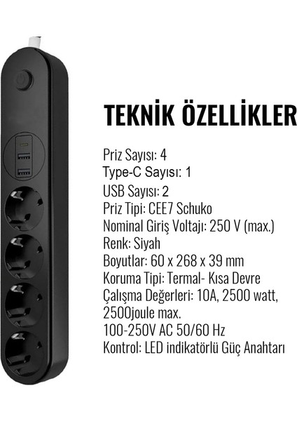 The Wlue Çoklu 4lü Priz Akım Korumalı 2m Uzatma Kablosu Anahtarlı Çocuk Korumalı 2xusb 1x Type-C 2500 Watt