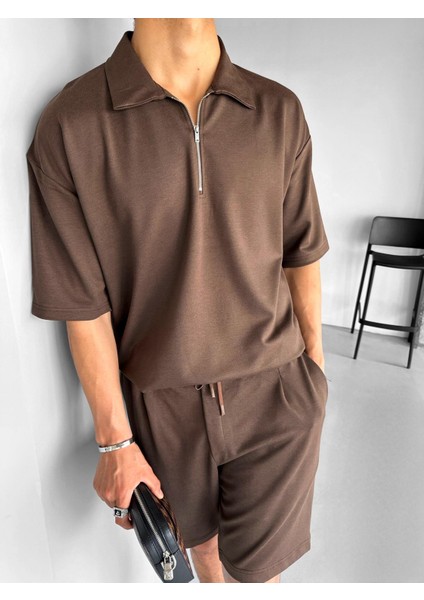 Oversize Polo Yaka Fermuarlı T-Shirt Kahve