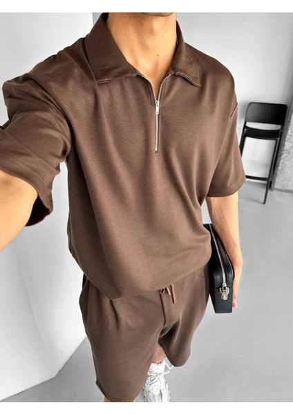Oversize Polo Yaka Fermuarlı T-Shirt Kahve fiyatları