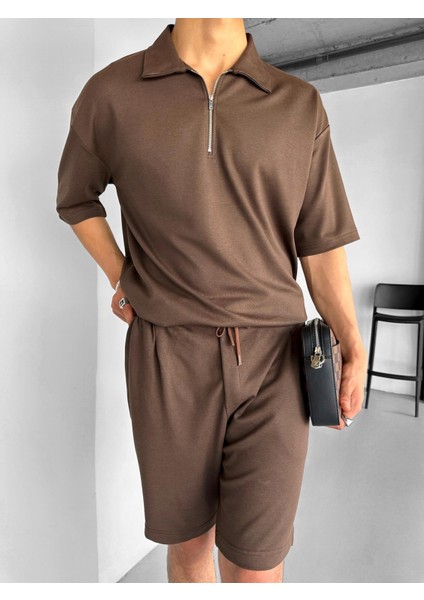 Oversize Polo Yaka Fermuarlı T-Shirt Kahve modelleri