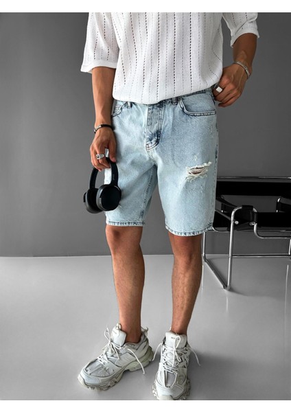 Baggy Fit Distressed Jean Şort Buz Mavi