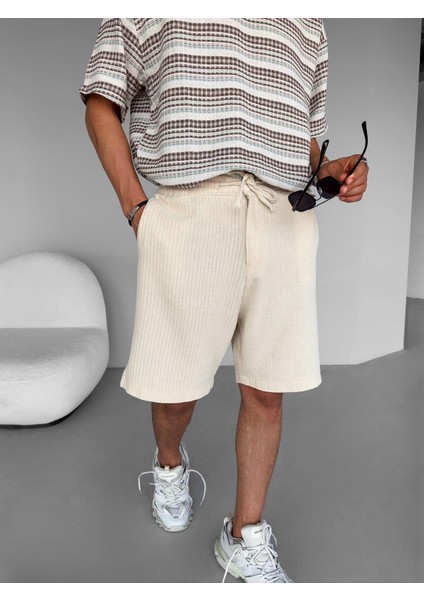 Beli Lastikli Dokulu Triko Şort Krem modelleri