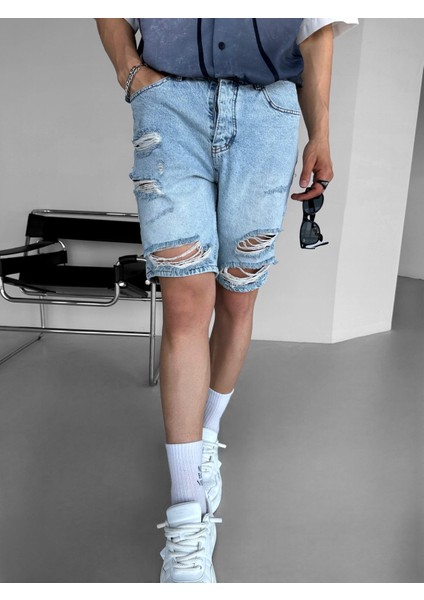 Baggy Distressed Jean Şort Açık Mavi fiyatları