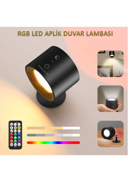 LED Rgb Çift Taraflı Şarjlı Kumandalı Duvar Aplik Aydınlatması Siyah
