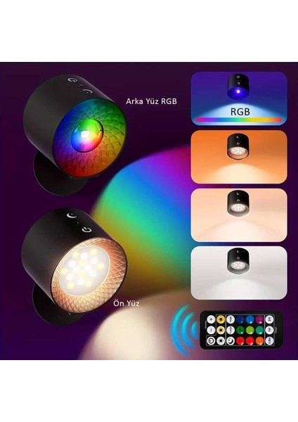 LED Rgb Çift Taraflı Şarjlı Kumandalı Duvar Aplik Aydınlatması Siyah