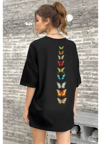 Kelebek Sırt Baskılı Pamuklu Oversize Tişört