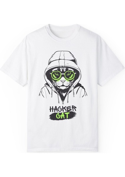 Hacker Cat Baskılı Pamuklu Oversize Tişört