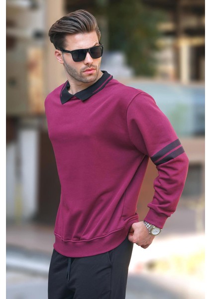 Bordo Polo Yaka Oversize Kolu Şeritli Erkek Sweatshirt 7048