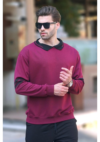 Bordo Polo Yaka Oversize Kolu Şeritli Erkek Sweatshirt 7048